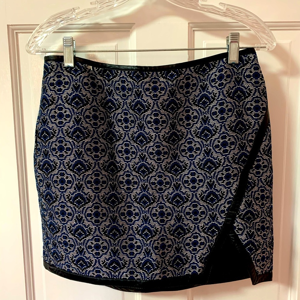 Express Blue, Silver, and Black Miniskirt with Leather Detailing